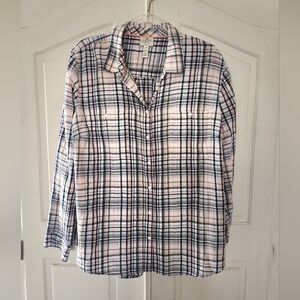 St. John's Bay Women's Gingham Plaid Button Down Shirt - Light Pink and Charcoal